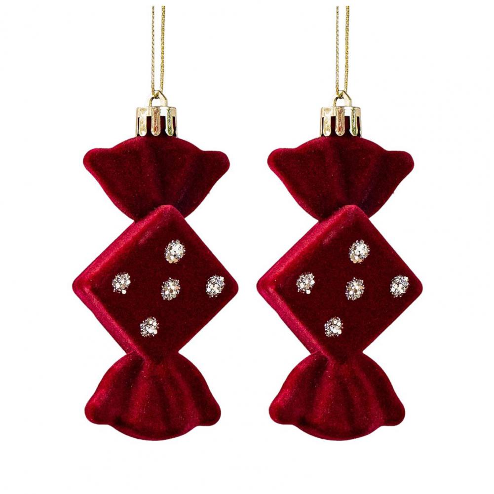 2 Pcs Velvet Christmas Ornaments Shatterproof Glitter Sequins Flocked Bell/Candy Cane/Ice Isicle Hanging Decoration for Home