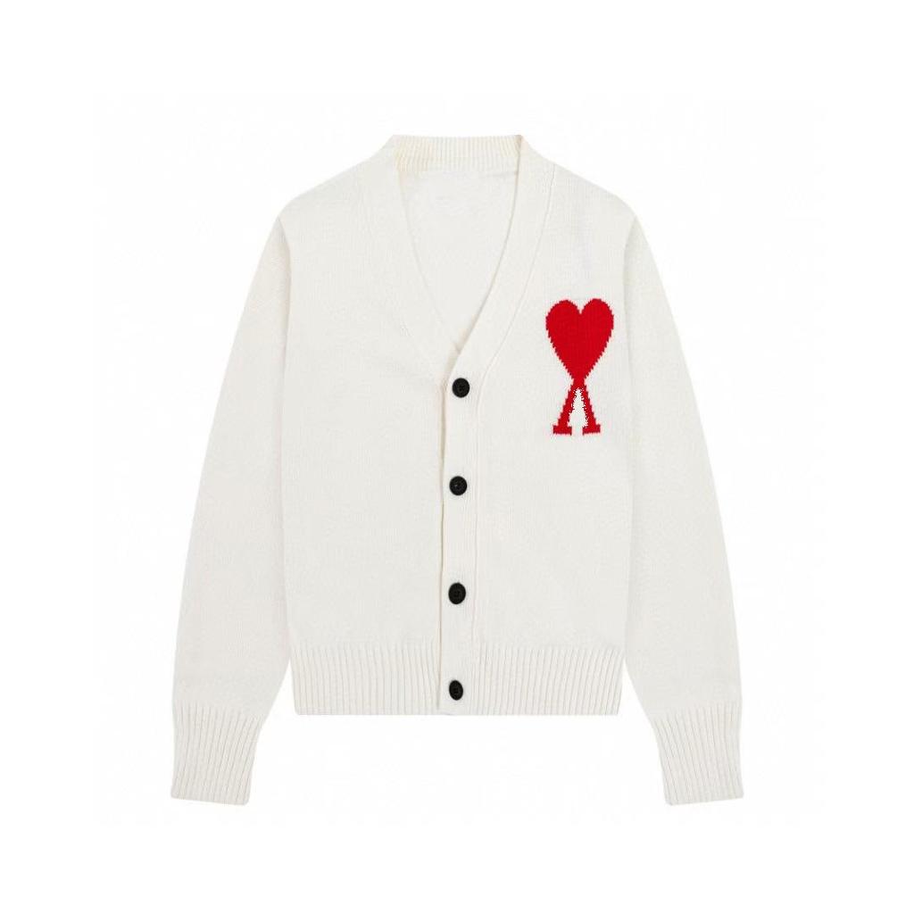 Unisex V-Ausschnitt Herz-Jacquard Strickjacke - Mehrknopfleiste, Langärmlig, Lockere Passform für Frühling und Herbst.