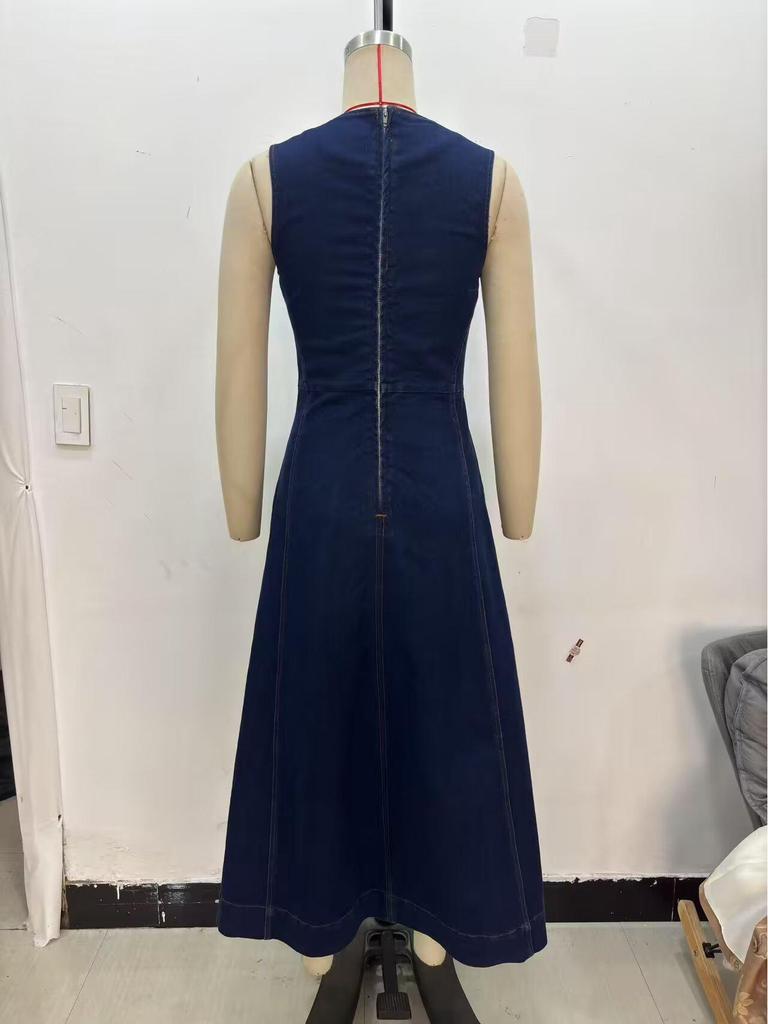 Women's 2025 Spring Sleeveless Denim Midi Dress - Versatile Retro French Style
