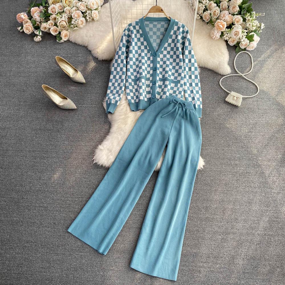 Automne hiver Vintage Plaid tricoté pull pantalon 2 pièces ensemble femmes survêtement simple
