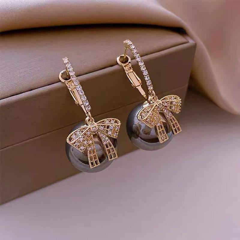 Korean Bow Pearl Hoop Earrings: S925 Silver, Rhinestone-Studded, Fashionable & Unique Design