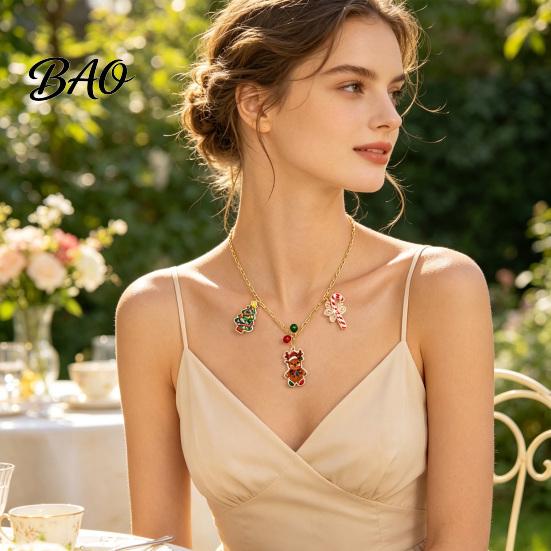 Holiday Theme Necklace Christmas Charms for Women, Cute Elk Tree Candy Cane Alloy with Bells, Festive Jewelry Party Outfit