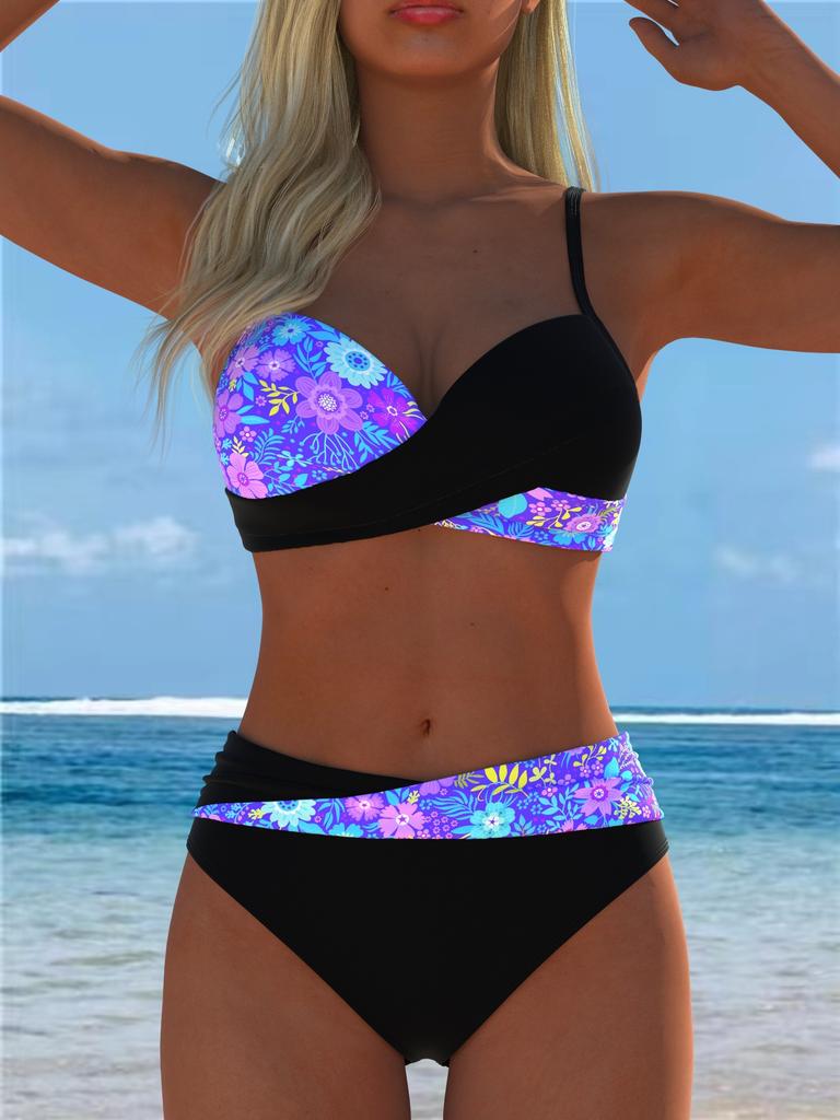 11 new European and American printed split swimsuit women's beach hot spring sexy swimsuit contrasting color screw bag