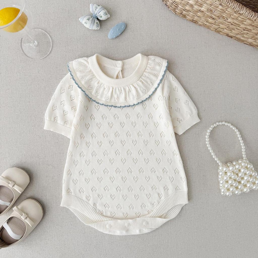 Infant Girl Cotton Knit Ruffle Collar Romper, Short Sleeve Summer Style