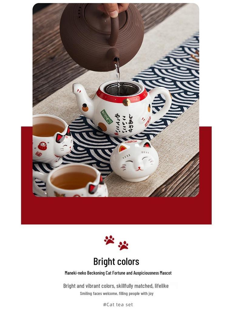 Japanese Lucky Cat Ceramic Teapot Set – One Pot, Two Cups, Filtered Tea Souvenir Gift