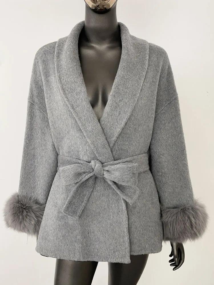 OFTBUY Oversize Loose Autumn Winter Women Coat Real Natural Fox Fur V-neck Woolen Blends Jacket Thick Warm Casual New Overwears