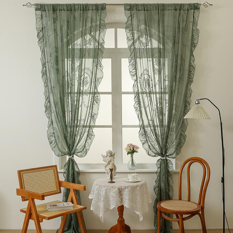 1 Stück Grüne Spitzenvorhänge Wohnzimmer- und Schlafzimmer-Trennvorhänge Fertige Gaze-Rollos Perforierter Lotusblatt-Spitzenstangen-Stil Schlafzimmergardinen