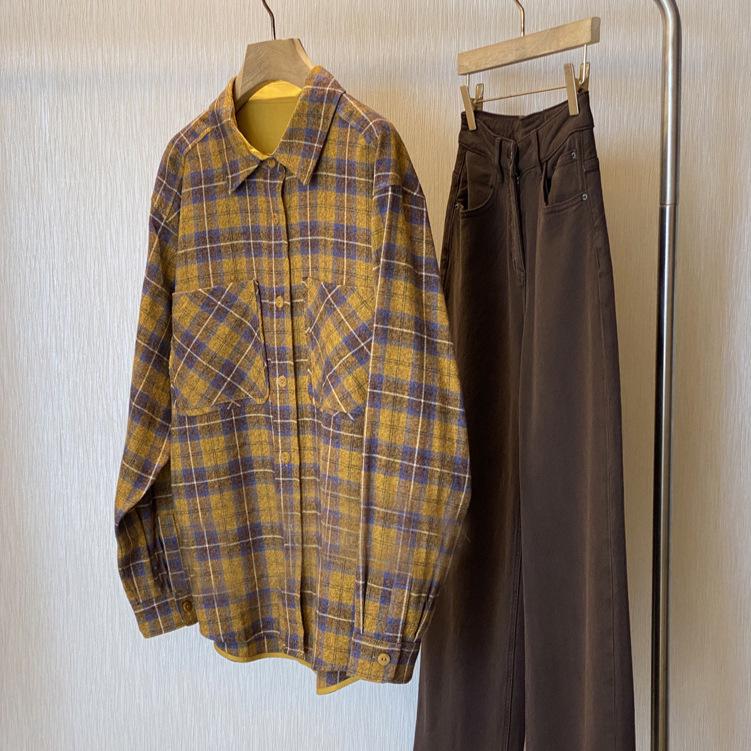 Hurry! Retro Plaid Double Pocket Yarn-Dyed Cotton Turn-Down Collar Shirt for Women - Perfect for Autumn