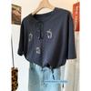 Fat Sister 100.00kg Plus size Retro Embroidered Cat Cool Feeling Lightweight Snowflake Cotton Short sleeve Women Summer Overfit t-shirt Top