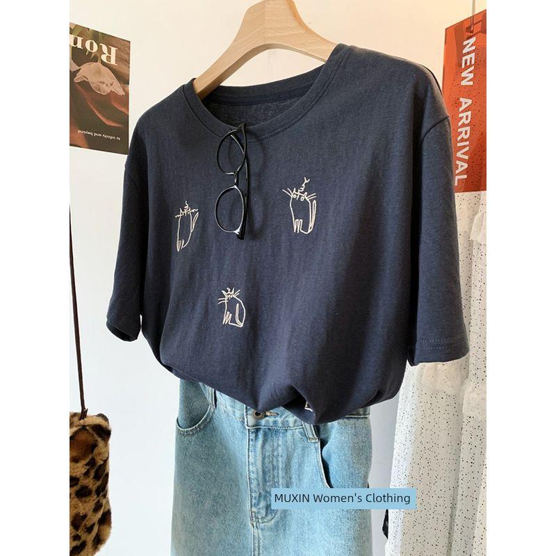 Fat Sister 100.00kg Plus size Retro Embroidered Cat Cool Feeling Lightweight Snowflake Cotton Short sleeve Women Summer Overfit t-shirt Top