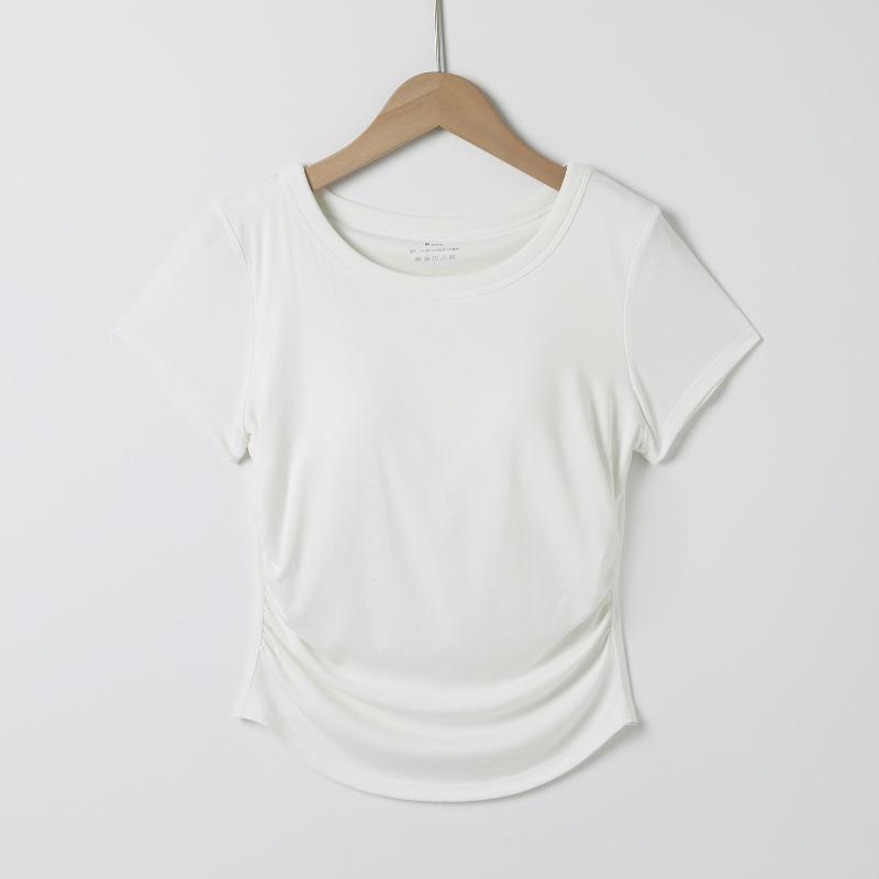 Fashion side pleated swallowtail short sleeve waist-closed round neck short sleeve pure desire short sleeve T-shirt  women