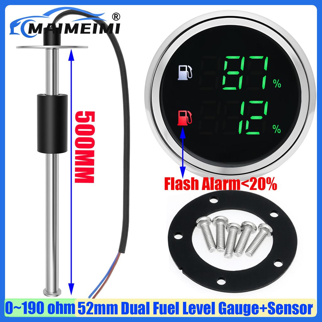 MAIMEIMI Dual Fuel Level Gauge with Flash Alarm Green LED Digital 52MM Oil Tank Meter 0-190ohm Fuel Level Sensor 100-550MM Boat