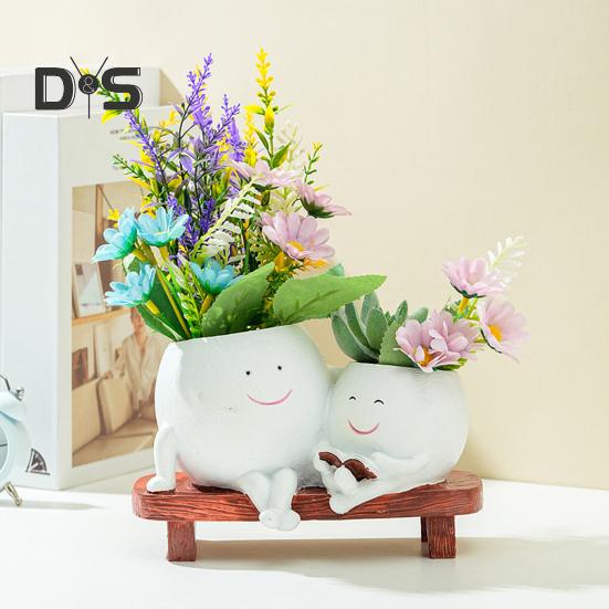 Smile Face Planter Resin Reading Lady Head Girl Face Flower Pot Double Head Succulent Planter with Drainage Hole for Home Office Balcony