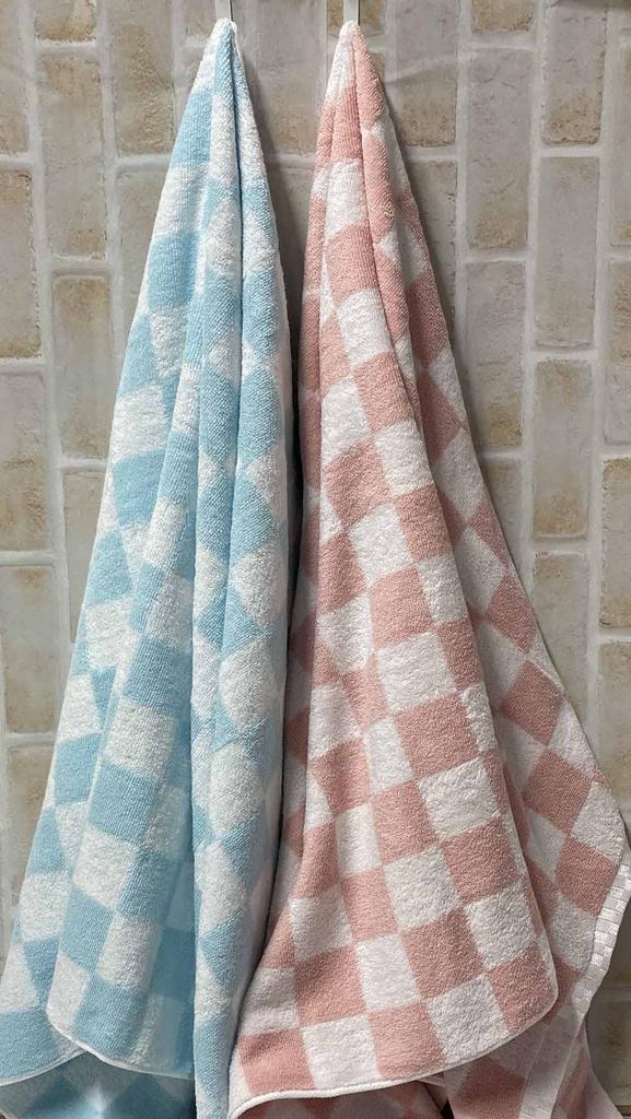 Imabari Set of 2 Bath Towels 65x120cm Blue and Pink Pastel Checkered Absorbent and Towels, [Brand Certified] Pattern, Fluffy, (Blue Pink)