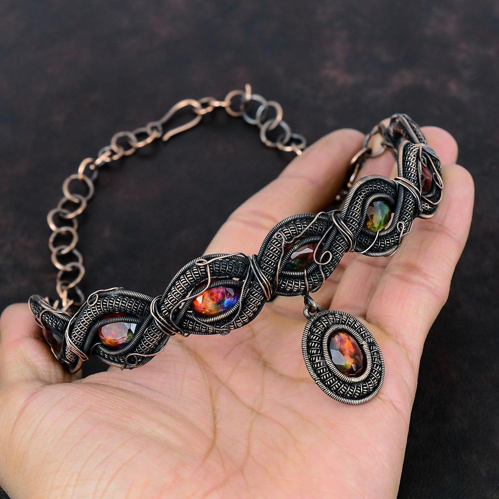 Faceted Ammolite Gemstone Necklace Copper Wire Wrapped Handmade Necklace Adjustable Chain Necklace Ammolite Copper Jewelry Gifts For Women