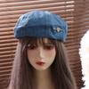 Solid Color Cowboy Beret Cap Korean Style Denim Octagonal Hat Retro Love Heart Beret  Girl