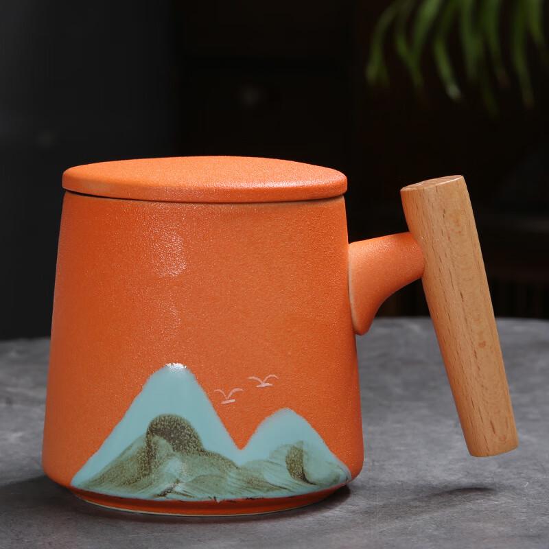 Duoli Mountains & Rivers Ceramic Mugs with Wooden Handles and Lids