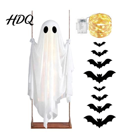 Halloween-Atmosphäre-Set Große Hängeschaukel Geist-Dekoration Leuchtend Gruselig Schwingend Atmungsaktives Polyester mit 3D-Fledermäusen für Veranda Hof,