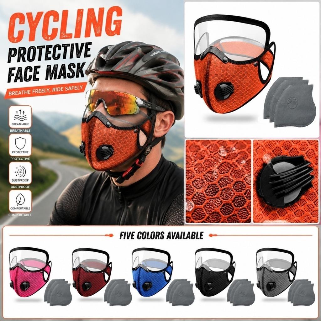Cycling Face Mask with Transparent Shield and Replaceable Filters Adjustable Breathable Protective Cover for Outdoor Sports and Commuting