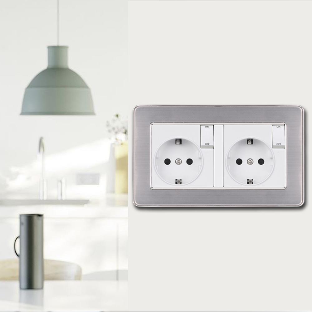 EIOMR EU Standard Electrical Sockets Simple Style PC Panel Double Socket Strip with Switch Button EU Russia Spain Wall Socket