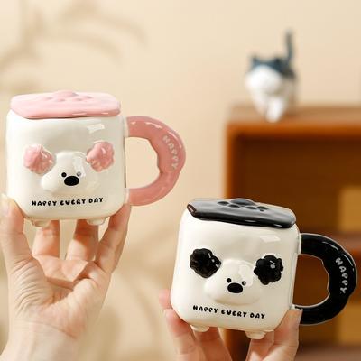 Cute Puppy with Lid Water Cup Large Capacity Cartoon Dog Ceramic Cup Household High Value Mug Souvenir