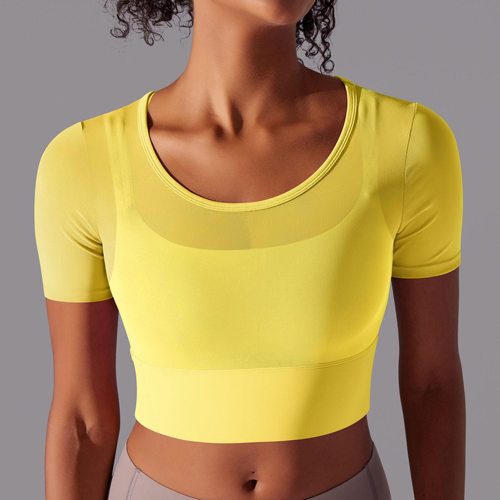 

Women s Loose Casual Solid Color Splicing Mesh Double Shoulder Belt Fitness Double-Layer Yoga Suit Top XL жёлтый