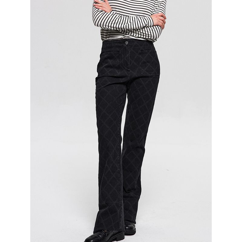 

Blacknini Yin WAF/Turkey Heavy Industry Chain Quilting Print High Waist Denim Bootcut Trousers Black M