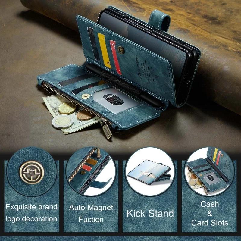 Portafoglio con Zip in Pelle Custodia per Telefono per Samsung Galaxy Z Fold 7 6 5 4 5G Fold7 Fold6 Fold5 Fold4 Portafoglio con Laccetto Scomparto per Carte Custodia