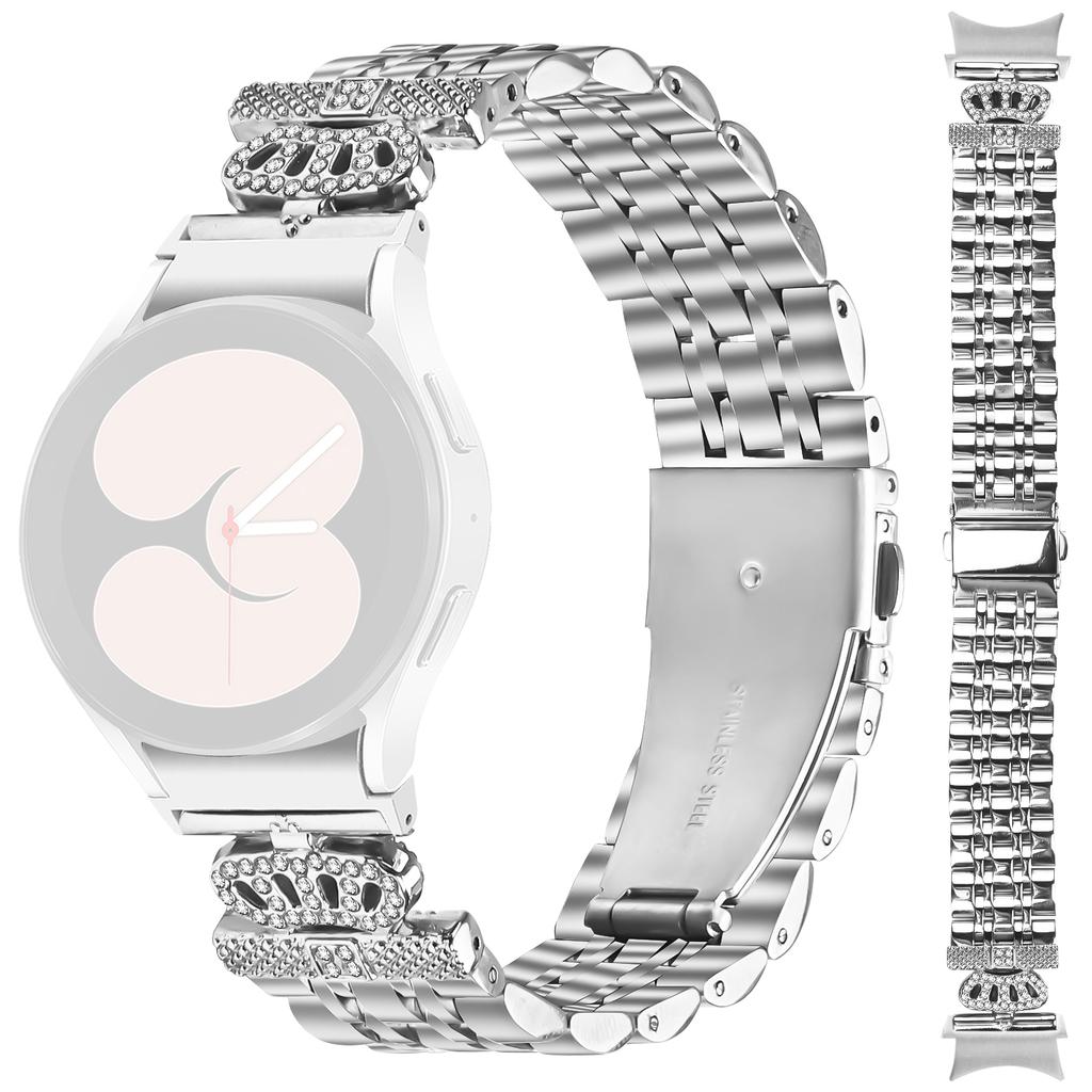 Watch Band with Connector For Samsung Galaxy Watch6 Classic 47mm/43mm/Watch6 44mm/40mm 7-Bead Rhinestone Crown Stainless Steel Strap Silver