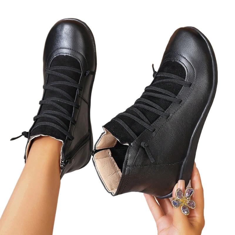 Women'S Autumn Winter Pu Leather Ankle Round Toe Lace Up Retro Work Shoes Woman Comfortable Flat Heel Casual Short Boots 43
