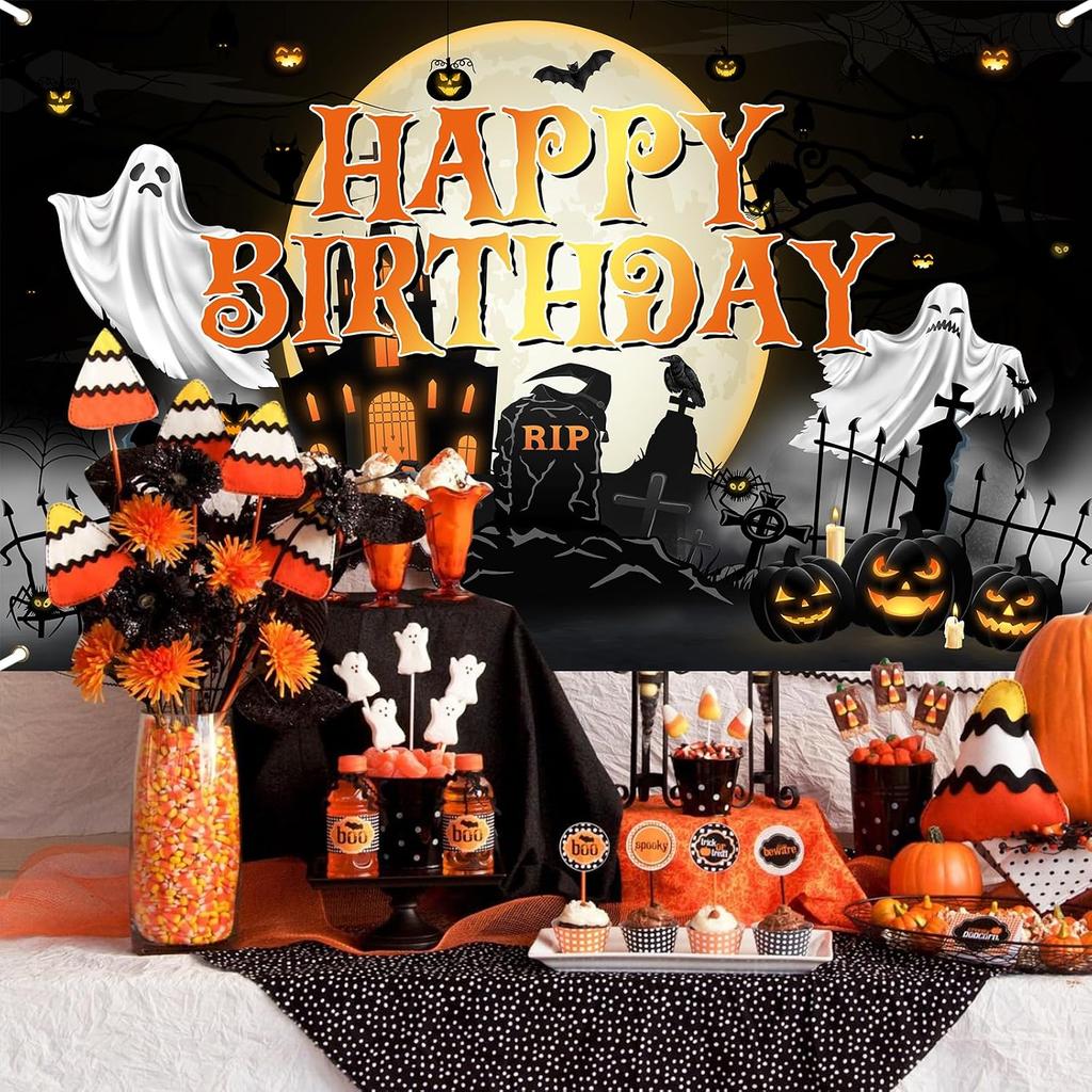 Avezano Halloween Birthday Banner Halloween Bday Backdrop Kid Grey Birthday Decorations Horror Moon Night Booday Backdrop 6 x 3.6 ft