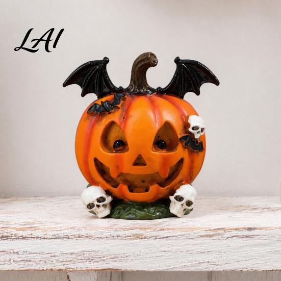 Vivid Skeleton Figurines Halloween Pumpkin Ghost Bat Skull Figurine Cute Resin Handcrafted Props Tabletop Ornaments for Home Party Shelf Mantels