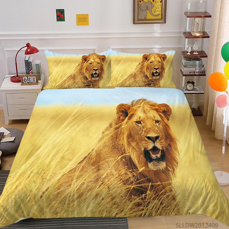 Prairie Lion Digital Printing Quilt Cover Pillowcase Three-Piece Set Polyester