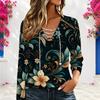 Women Plus Size V Neck Long Sleeve Floral Printed Eyelet Chain Lace Up Top