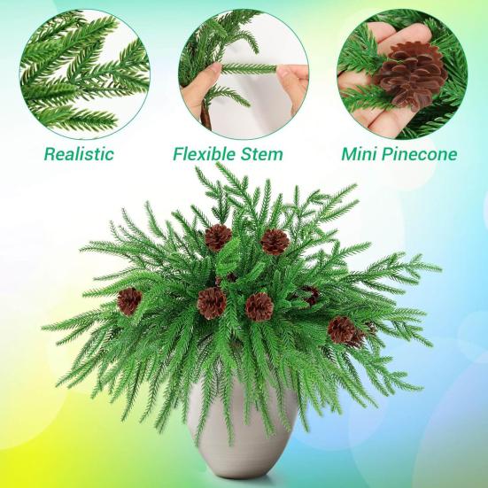 Simulated Pine Branch Faux Greenery Foliage Artificial Pine Sprig with Pine Cones Red Berries for DIY Wreath Home Vases Christmas Winter Parties
