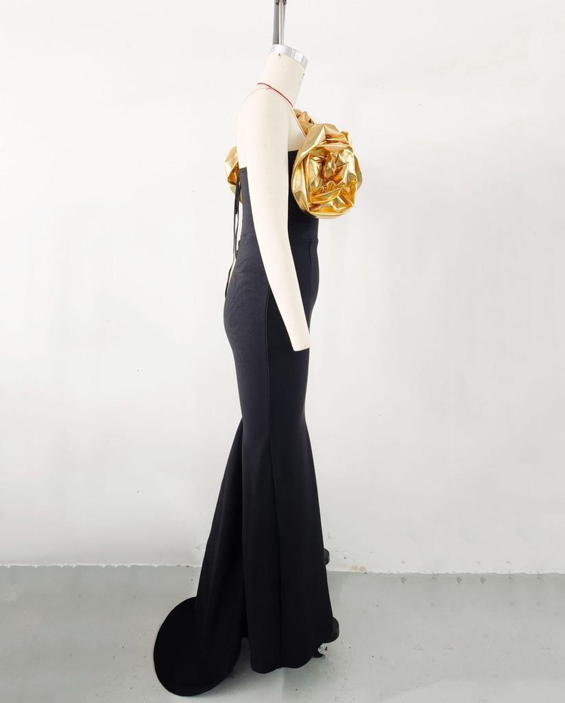 Elegant One-Shoulder Gold Flower Women's Banquet Dress (2026)