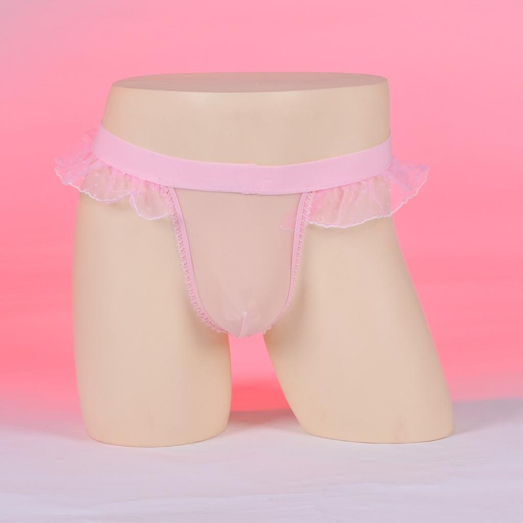 Sexy Ruffles Sissy Pouch Panties Men'S Mesh See Through Lingerie Crossdress G-String T-Back Thong Gay Male Maid Cosplay Bikini