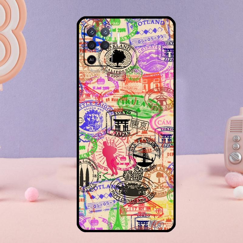 Passport Travel Stamps Phone Case For Oppo A38 A18 A58 A78 A98 A79 A40 A60 A80 A16 A76 A96 A15 A74 A94 A54 A77 A17