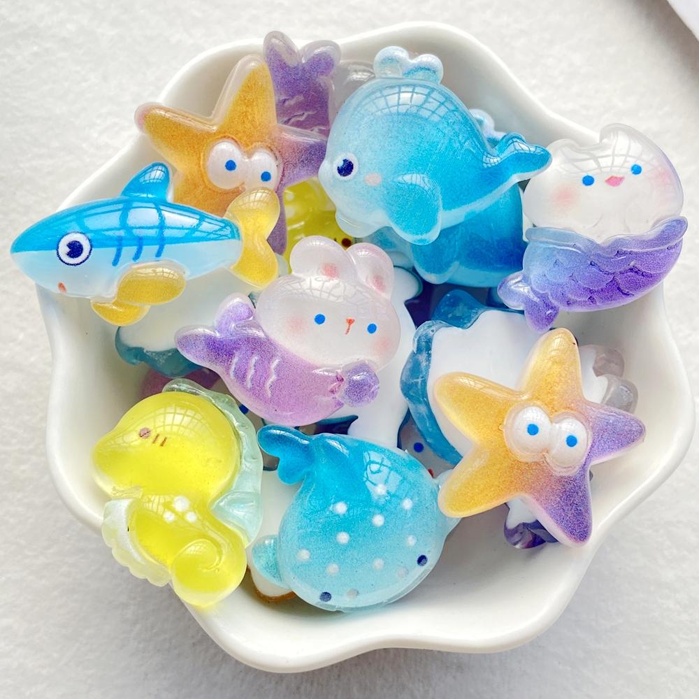 10Pcs Cute Resin Cartoon Shark, Whale, Sea Star Ocean Series Flat Back Cabochons Scrapbooking DIY Jewelry Craft Decoration
