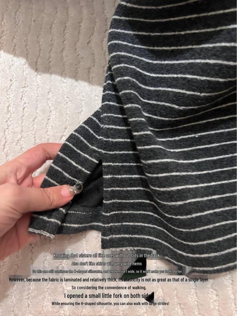 Winter Women's Cozy Korean Long Skirt with Fleece, Striped Color Block, and Comfortable H-Shape Design