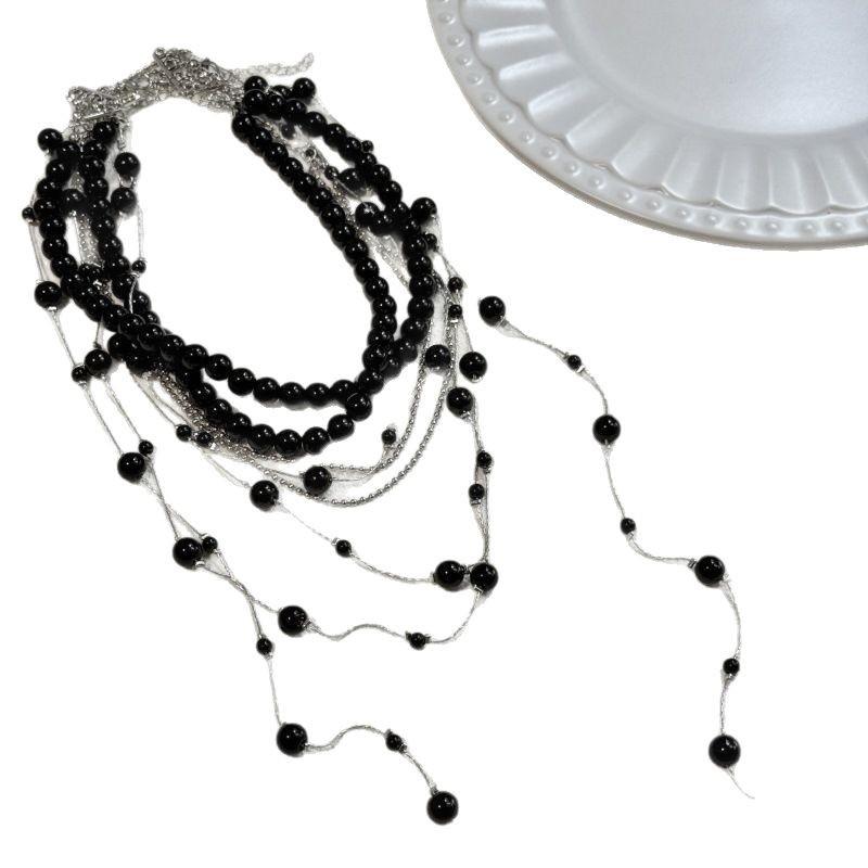 Lekki Luksus Retro Perła Wielowarstwowy Naszyjnik z Długimi Frędzlami do Noszenia w Stosie Damski Trendowy Design Wysokiej Klasy Sens Łańcuszek na Obojczyk