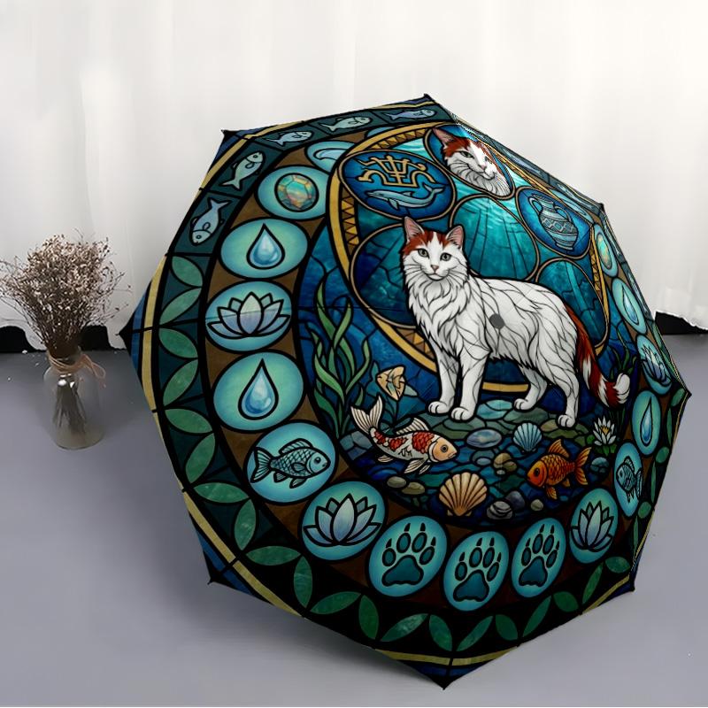 Aquatic Cat Mandala Pattern Umbrella, Portable and Foldable Design, 8 Ribs, a Casual Accessory for Halloween, Christmas, and Birthday Gifts.