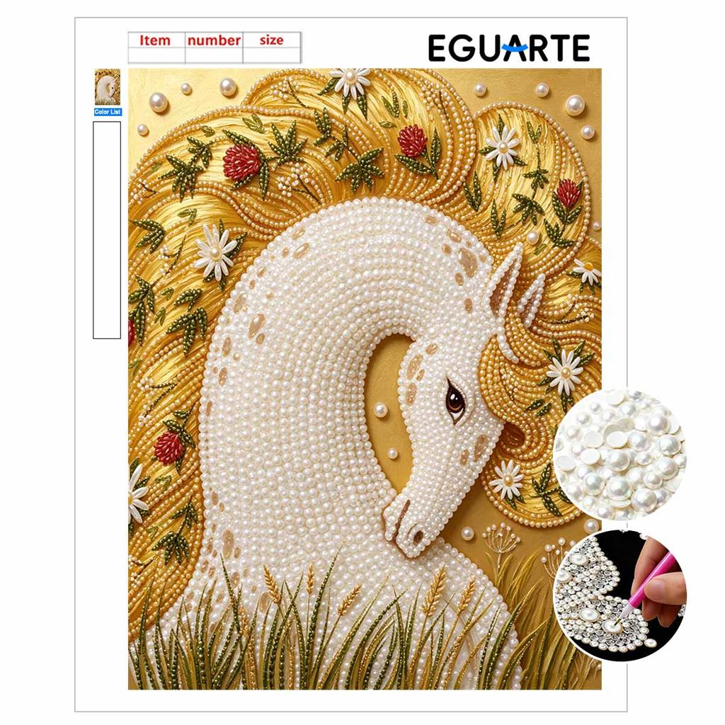 Relaxing DIY Pearl Painting Kit Framed with Elegant White Horse Design 5D Sparkling Bead Canvas Art Craft for Girls Bedroom Decor Gift