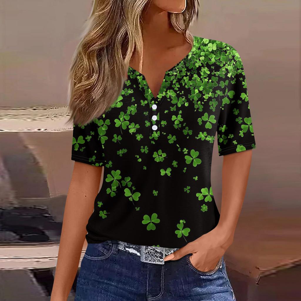 Women's T Shirt Tee Print Button Short Sleeve Daily Weekend Fashion Basic V- Neck Regular Top  St. Patrick's Day