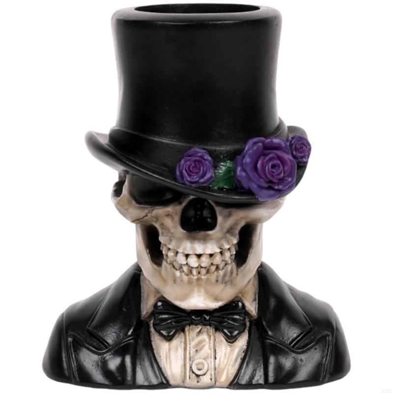 

Gothic Skull Statue Vases With Rose Accent Resins Flower Pot Halloween Decors X3UC