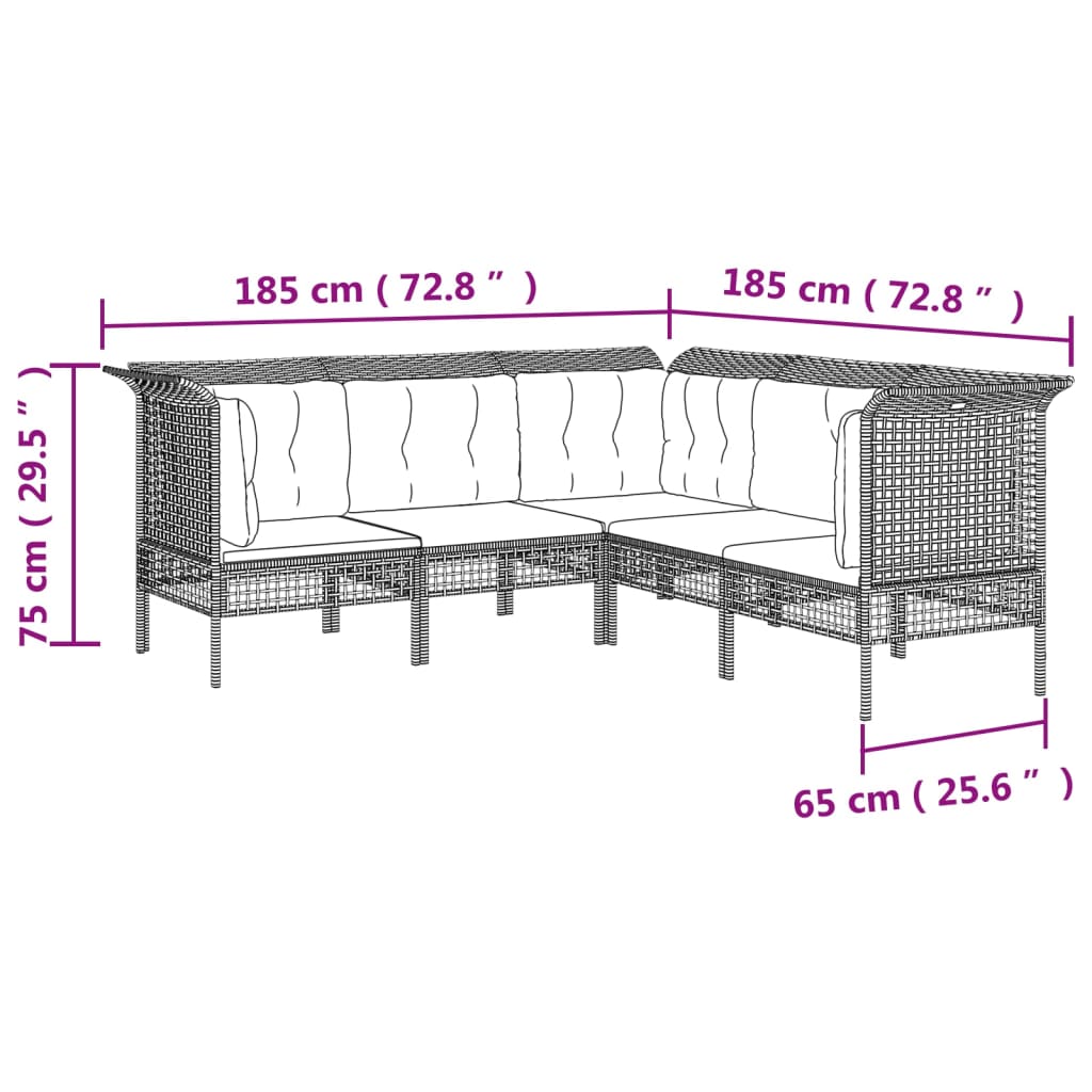 Vidaxl 5-Cz. Garden Lounge Set, Cushions, Grey, Rattan PE