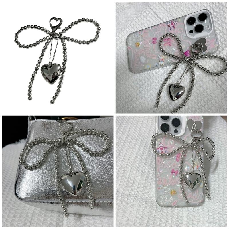 Bowknot Heart Pendant Keychain Beaded Phone Charm Detachable Bows Phone Lanyard Handmade Keyring Jewelry for Bag Purse