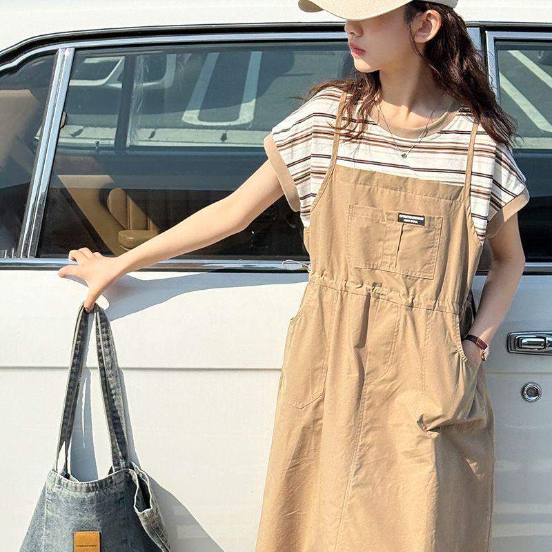 2026 Summer Khaki Suspender Skirt with Striped T-shirt & Waist-Cinch 110 cm хаки