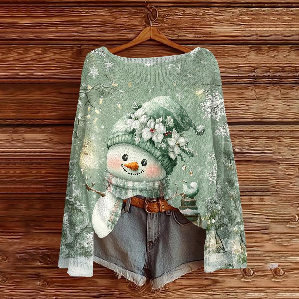 Women's Fashion Christmas Print Lightweight Sweater Casual Long-Sleeve Knit Pullover Top