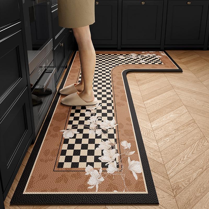 Kitchen Floor Mat PVC Waterproof Non-slip Carpet L Shape Brown Leather Foot Mat Floral Rug Texture Home Decorative Carpets
